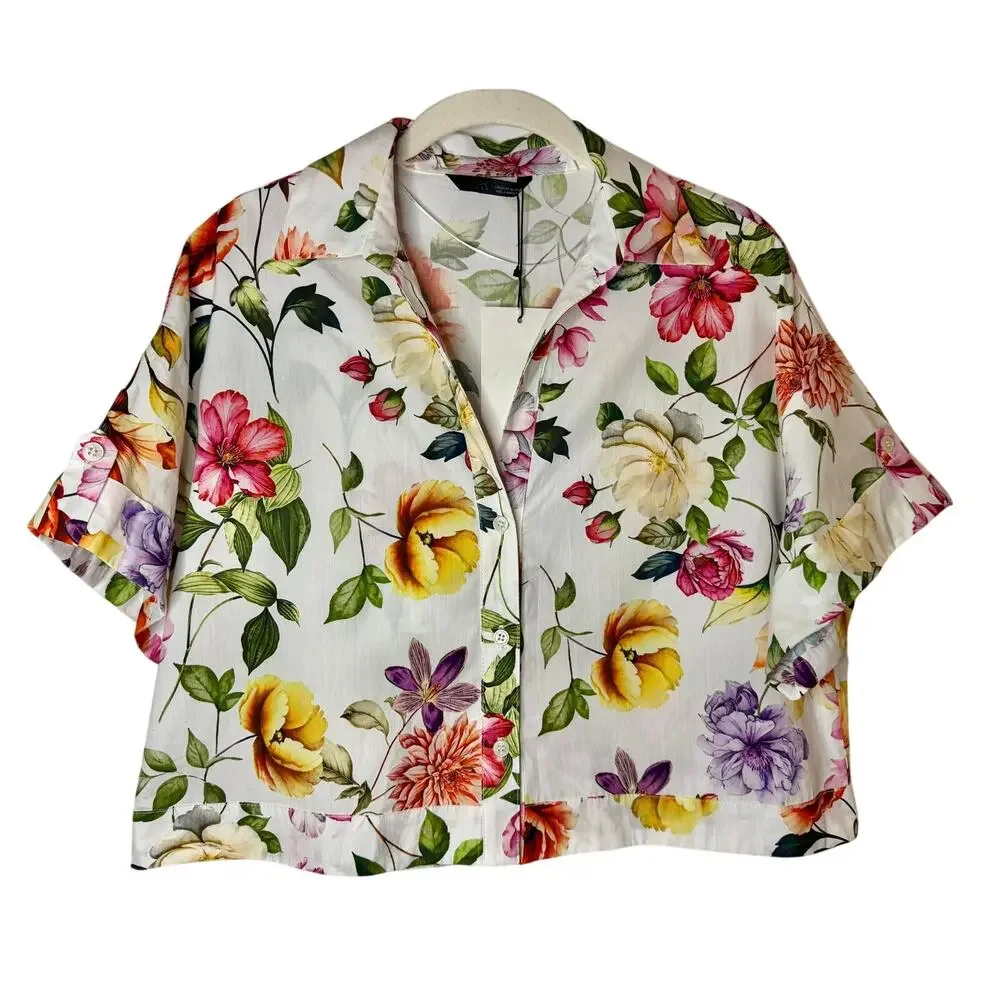 NWT Zara floral-print cropped boxy oversized short sleeves white shirt sz. XS - Picture 3 of 9